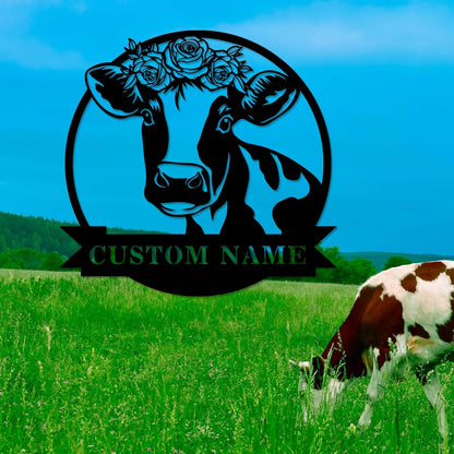 Cow Metal Sign Custom,Cow Personalized Family Name Sign Wall Art,Farm Customized Metal Wall Decor Gifts for Wedding,Funny Cow Monogram Decor for Farmhouse Bedroom Outside Garden Ranch Yard Wall Decor
