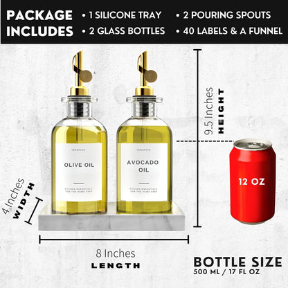 Olive Oil Dispenser For Kitchen With Silicone Tray & 40 Labels, Soy Sauce Dispenser, Coffee Syrup Dispenser, Olive Oil Bottles Set Of 2, Gold 500ml / 17oz
