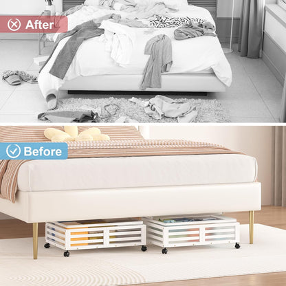Under Bed Storage with Wheels-Large Bamboo Underbed storage Containers with Large Dust Bag Stackable Under the Bed Shoe Storage Bins for Clothes Books Bedding (2 Packs White, 23.62"L×16.54"W× 6.51"H)