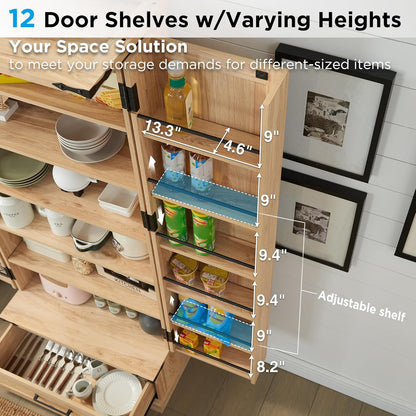 72" Tall Rattan Kitchen Pantry Cabinet with Drawer, Boho Storage Cabinet with 2 Rattan Doors and Shelves, Versatile Large Cabinet for Dining Room, Bathroom, Living Room, Laudry, Natural Oak