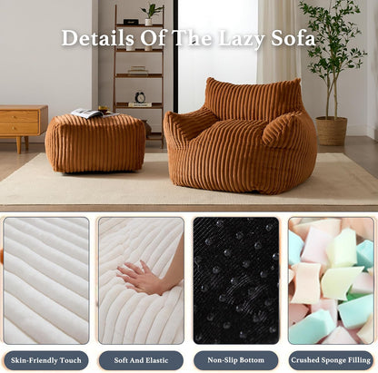 Oversized Bean Bag Chaise Lounge Chair Indoor for Adults with Armrests & Ottoman - Giant Comfy Orange Beanbag Floor Sofa Cloud Accent Chair for Reading, Gaming, Cozy Plush Cloud Mini Couch