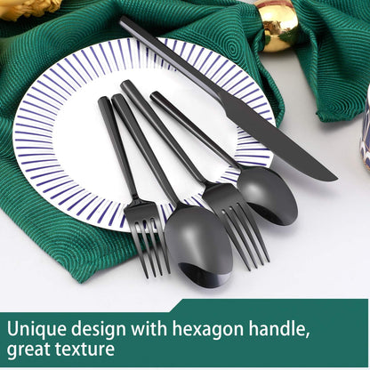 Hand Forged Stainless Steel Flatware Set Silverware Set Cutlery Set Hexagon Handle Black Mirror Finished 20 Pieces Service for 4