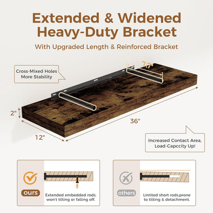 Floating Shelves 36 Inch Long, 12 Inch Deep Floating Shelves for Wall, 36 x 12 Shelves for Wall Storage & Display, 2" Thick Floating Shelf for Bathroom, Living Room, Rustic Brown Color, Set of 1