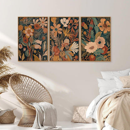 Tinonedraw Vintage Burnt Orange Floral Framed Canvas Wall Art Set of 3, Boho Chic Flower Artwork, Mid Century Modern Plant Wall Decor, Colorful Neutral Botanical Art Prints for Bedroom Living Room Office 16"x24"