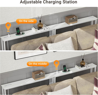 ELYKEN 2 Pack 5.9" Narrow Console Sofa Table with Power Outlets, 5.9" Dx39.4 Wx31.1 H Long Couch Table with Metal Frame and Charge Station with 6.5’ Extension Cord, White
