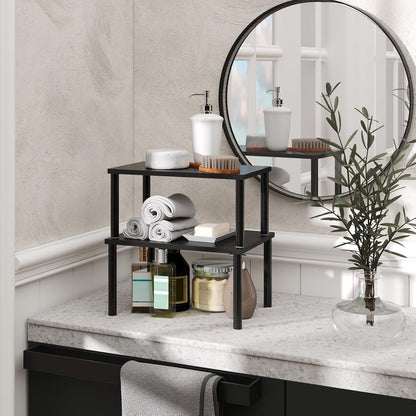 Cabinet Organizer Shelf(Set of 2),Kitchen Counter Shelves,Bamboo Spice Rack Countertop and Cabinet,Stackable Expandable,Medium(Black)