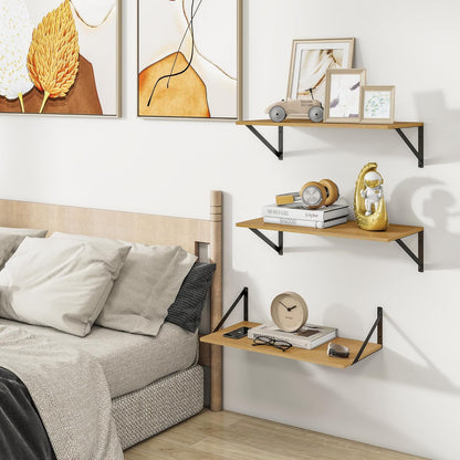 Heimlove 24" W x 12" D Wall Shelves for Books, 12 Inch Deep Floating Shelves Set of 3, Wide Floating Bookshelf with Metal Bracket for Living Room, Kitchen, Office, Bedroom and Decor Storage - Oak