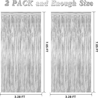 2 Pack Tinsel Backdrop, 3.28 FT x 7.05 FT Birthday Party Decorations, Silver Party Streamer Fringe Curtains Foil Backdrop, Metallic Silver Photo Props Party Supplies Party Decor