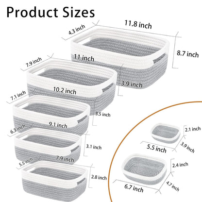 7 Piece Cotton Rope Woven Basket Set - Small Basket for Baby Nursery, Pets, Montessori, Dog & Cat Toy Boxes, Bathroom Organization Bins (White/Gray)