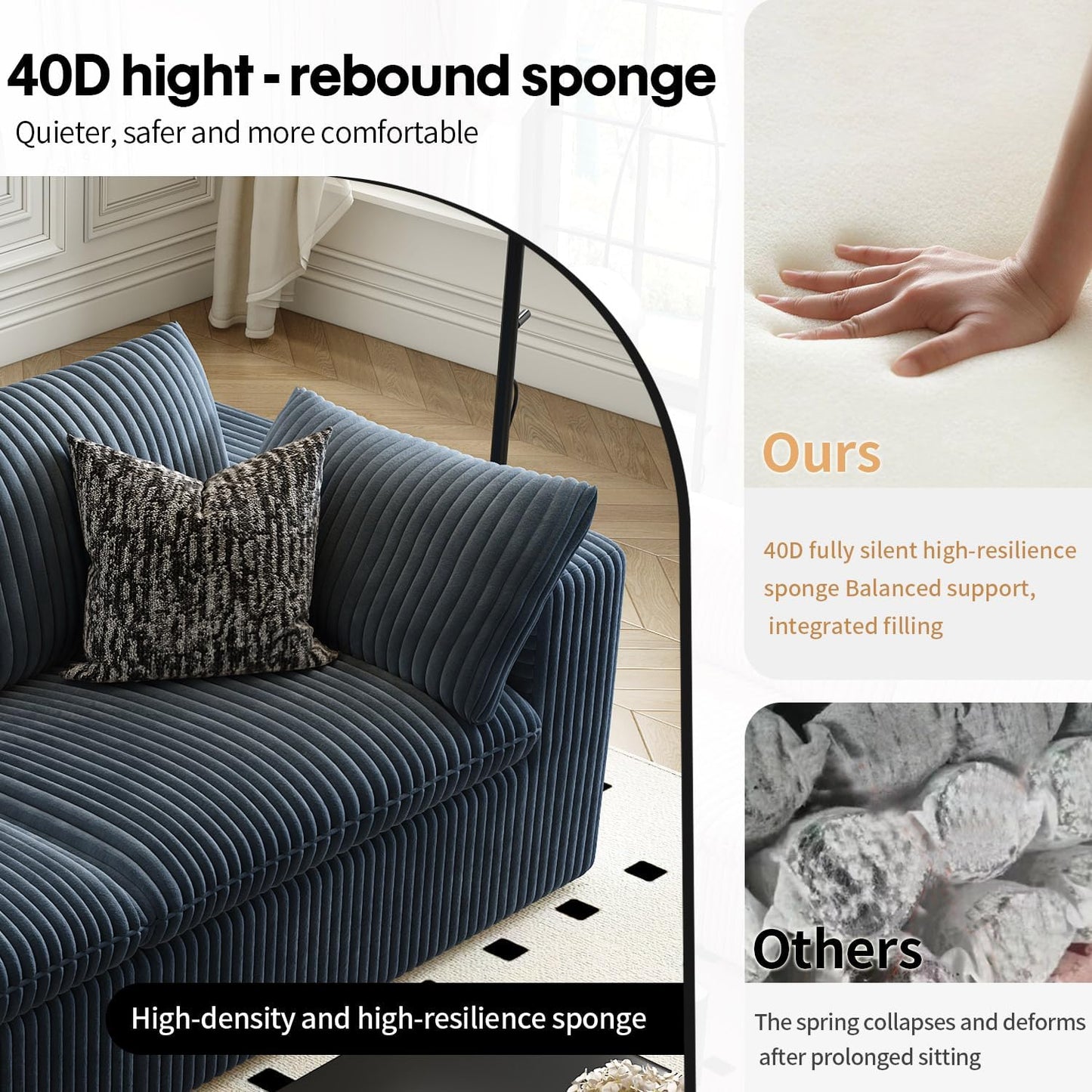 LoveSeat Cloud Couch Modular Sectional Sofa for Living Room,Modern Sofa with Deep Seat，2 Seater Boneless Couch with Ottoman,Comfy Upholstered Couches for Apartment, Studio, Office,Bedroom，Blue
