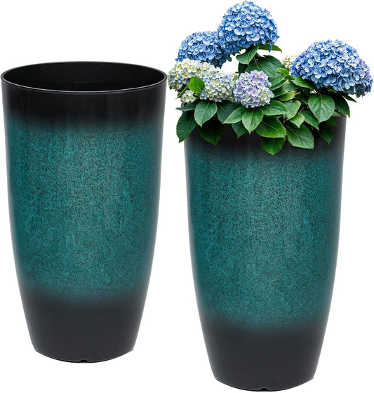 Tall Outdoor Planters, Set of 2 Large Flower Pots for Outdoor Plants, with Gradient Turquoise Finish, Weather-Resistant for Porch, Garden, Patio