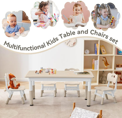 Kids Study Table and Chairs Set, Height Adjustable Toddler Table and Chair Set for Kids Ages 3-8, Graffiti Desktop (Burlywood - 2)