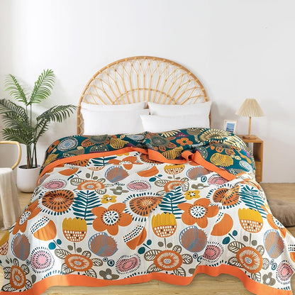 Boho Throw Blanket for Bed - 100% Pure Cotton Ultra Soft Rustic Quilt - Farmhouse Decor Bed Blankets, All Season Rustic Throw for Sofa Couch Chair(60"×80", Floral Print 2)