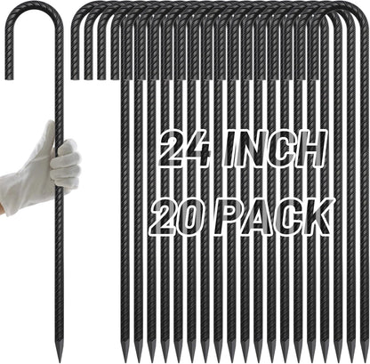 AAGUT 24Inch Rebar Stakes 20Pcs Heavy Duty 1/2 Inch J Hook Fence Anchors Curved Steel Garden Stake Yard Spikes with Sharp End for Camping Tent,Black Powder Coated