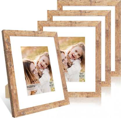 8x10 Picture Frame Set of 4, 8 x 10 Wood Photo Frames with Mat for 5x7, Natural Wooden Frame with Real Glass Cover for Wall and Tabletop Display,Brown