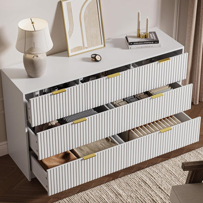 White 7 Drawer Dresser for Bedroom, Modern Fluted Dresser with Gold Metal Handles, Wide Chest of Drawers for Bedroom,Living Room, Entryway, Hallway, 55.9" L x 15.7" D x 31.4" H