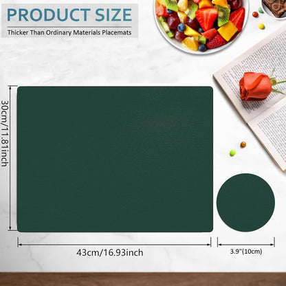 Placemats and Coasters Set of 6, Waterproof、Oil-Proof Wipeable、Anti Slip PVC Leather Place Mats, Heat Resistant Reversible Table Mats for Kitchen, Dining, Outdoor 17’’×12’’, (Dark Green)