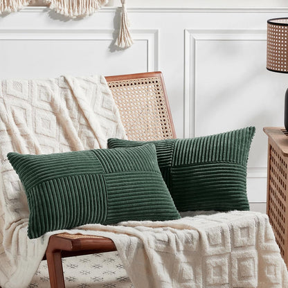 Fancy Homi Set of 2 Dark Green Long Lumbar Decorative Throw Pillow Covers 14x24 Inch for Living Room Couch Bed, Boho Farmhouse Forest Green Home Decor, Soft Corduroy Corss Textured Cushion Case