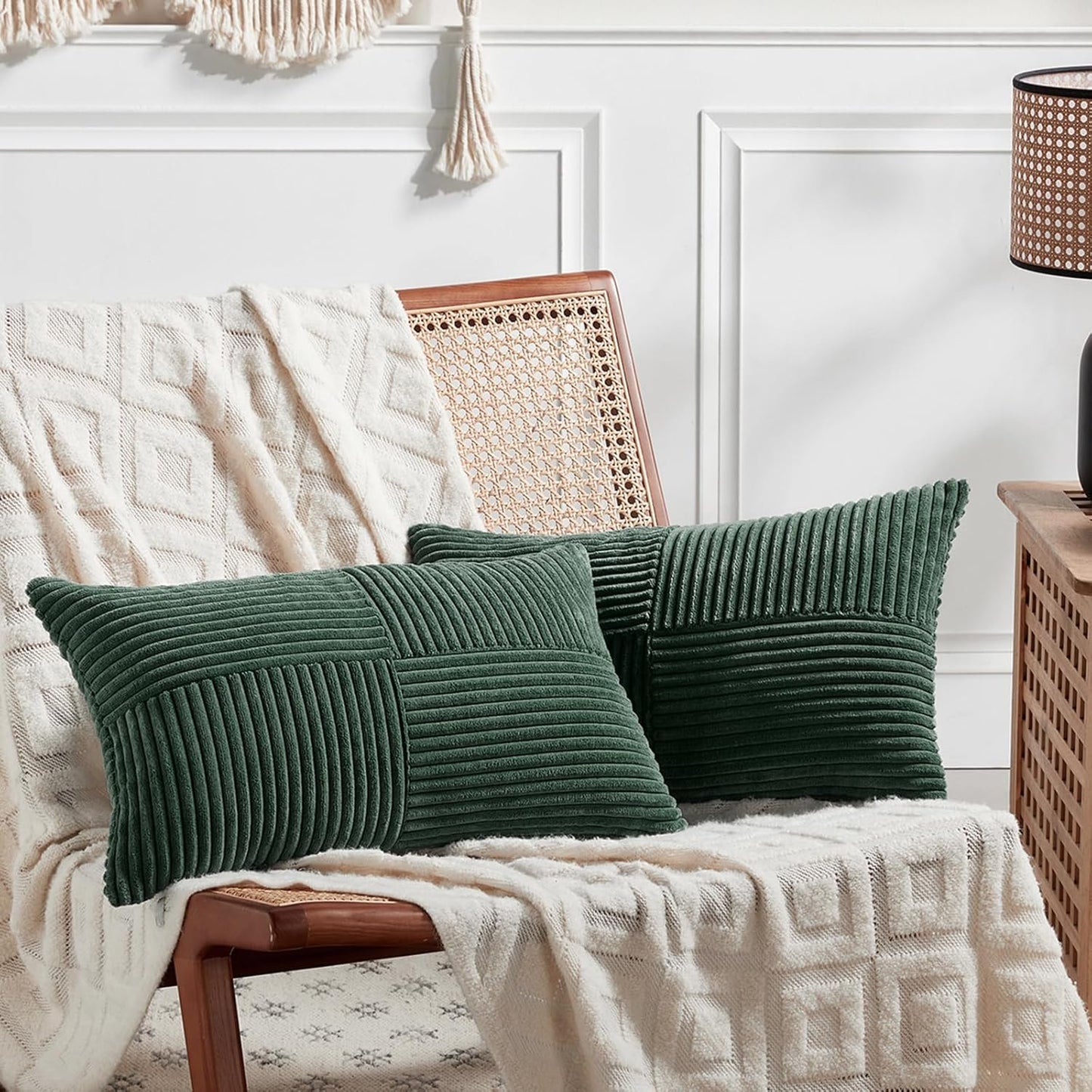 Fancy Homi Set of 2 Dark Green Lumbar Decorative Throw Pillow Covers 12x20 Inch for Living Room Couch Bed, Boho Farmhouse Forest Green Home Decor, Soft Corduroy Corss Patchwork Cushion Case