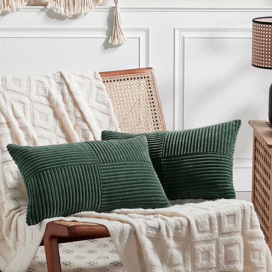 Fancy Homi Set of 2 Dark Green Lumbar Decorative Throw Pillow Covers 12x20 Inch for Living Room Couch Bed, Boho Farmhouse Forest Green Home Decor, Soft Corduroy Corss Patchwork Cushion Case