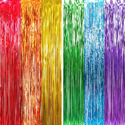 GOER 6.5 ft x 8.2 ft Metallic Tinsel Foil Fringe Curtains,Pack of 2 Party Streamer Backdrop for Birthday,Graduation Decorations and New Year Eve (Rainbow Colors)