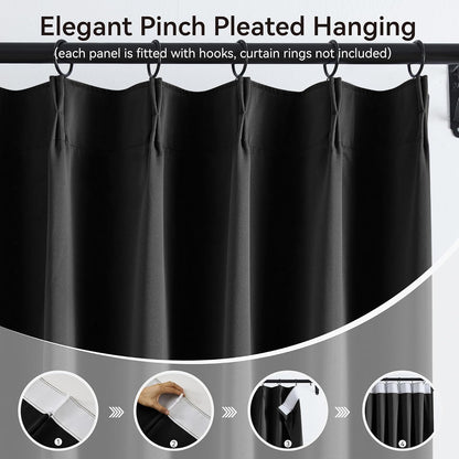 KangBang Black Pinch Pleat Blackout Curtains 120 Inches Long for Living Room 2 Panels, Thermal Insulated Energy Saving Long Window Drapes for Patio Sliding Glass Door(Black,40x120 Inch,10FT)