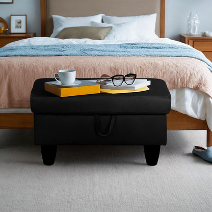 Ottoman Rectangular Storage Ottoman Bench, Flannel Footrest Stool Footstool with Lid for Living Room, Bedroom, Entryway, Black, 28.5"x19"x17.5"