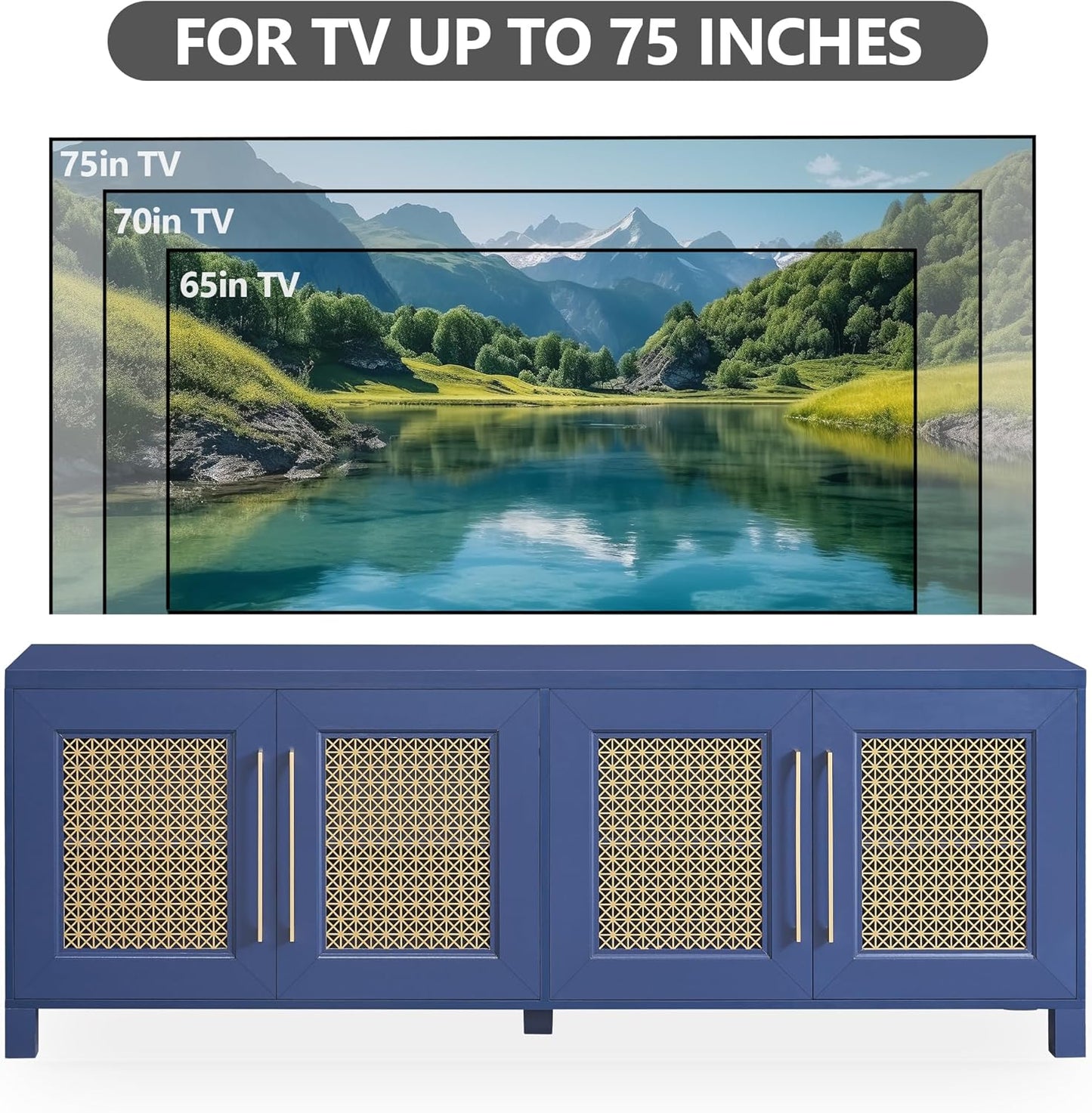 JYED Mid Century Modern TV Stand for TVs up to 75", 69.5" W Blue Entertainment Center with 4 Gold Metal Mesh Doors - Wood Grain MDF TV Console, Media Storage