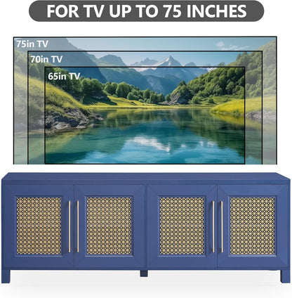 JYED Mid Century Modern TV Stand for TVs up to 75", 69.5" W Blue Entertainment Center with 4 Gold Metal Mesh Doors - Wood Grain MDF TV Console, Media Storage