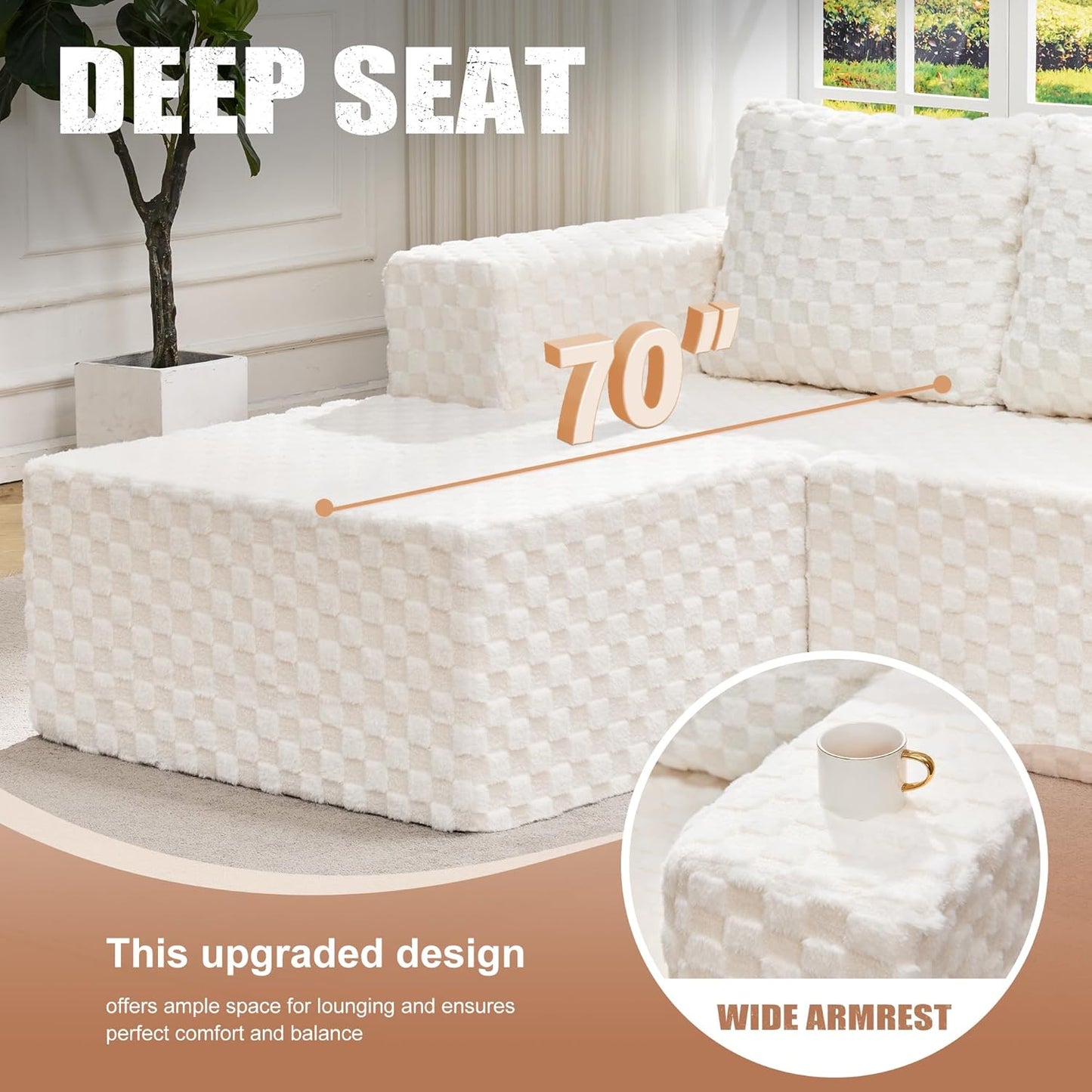 Hobestluk Modular Sectional Sofa Memory Foam Couch L Shape Sofa for Living Room Loveseat with Chaise Lounge Cloud Couch with Removable Cover (Plush White, Loveseat with Chaise)