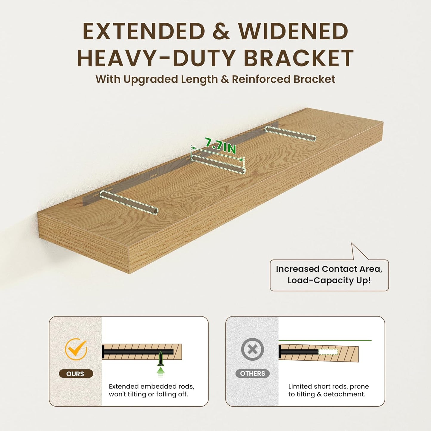 Deep Floating Shelves for Wall - 55 Inch Wide x 12 Inch Deep Wall Shelves Set of 1 - Rustic Oak Color Wood Shelves for Living Room, Bathroom, Laundry Room, Bedroom, Kitchen, Home Office