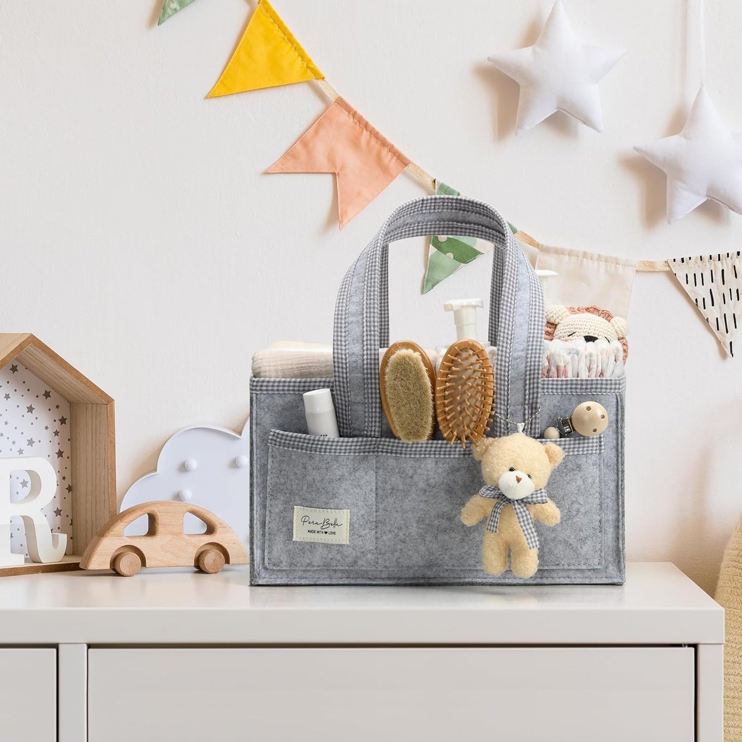 PeraBella Diaper Caddy Organizer with Handle, Baby Shower Gifts Basket Bag, Registry Search Must Haves Items, Nursery Storage Organizer for Newborn Girl Boy, Baby Bag Essentials, Car Diaper Caddy Cart