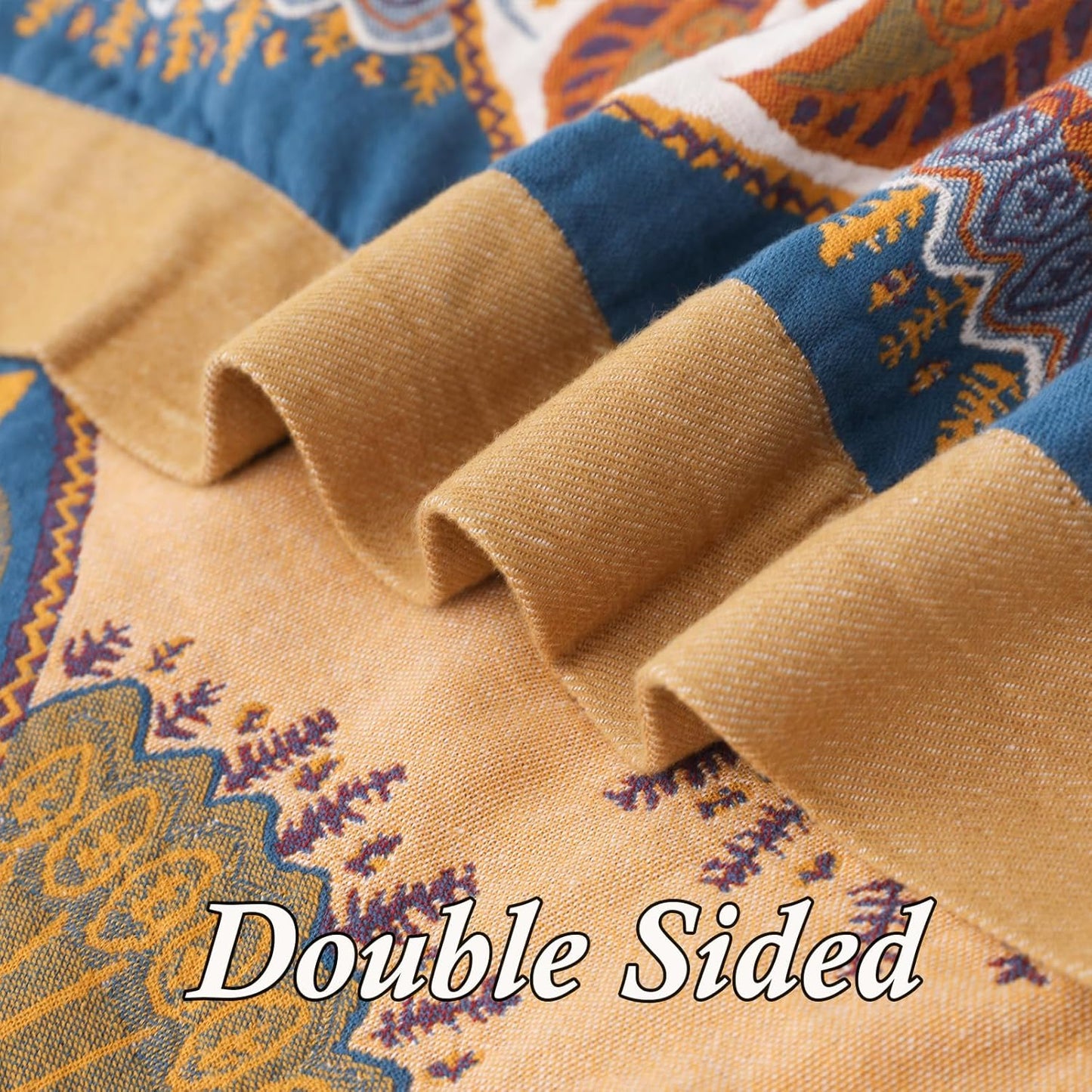 Snycler Boho Throw Blanket for Bed - 100% Cotton Ultra Soft Rustic Quilt Blanket Orange Green Printed Farmhouse Decor Bed Blankets, 80"×90" All Season Rustic Throw for Sofa Couch Chair