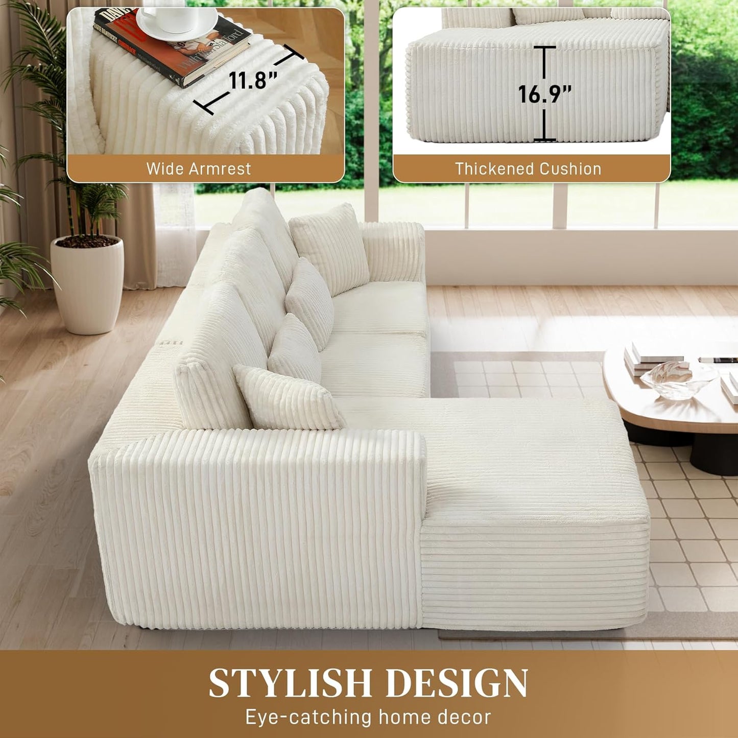 HYJT-H&K Modular Sectional Sofa Cloud Sectional Couch, 107" Comfy Fluffy L Shaped White Couches for Living Room, Deep Seat Memory Foam Plush Corduroy Boneless Couch Sectionals Left Facing Chaise Sofa