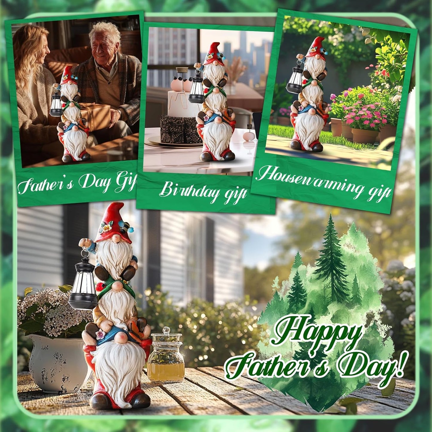 17 in Large Garden Gnome Statue with Solar Lights Sculptures Funny Triple Big Gnome Outdoor Patio Lawn Yard Balcony Garden Home Decor Gifts for Women Mom