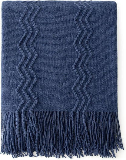 MIULEE Navy Blue Knitted Throw Blanket for Couch Textured Knit Blanket with Tassels Cozy Woven Boho Bed Blanket for Sofa Bed Chair Acrylic Wave Pattern 50"x60"