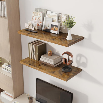 32" Floating Shelves for Wall, 12" Deep Slim Rustic Brown Floating Shelves, Wall-Mounted Shelves for Bedroom, Living Room, Kitchen, Bathroom - Set of 2