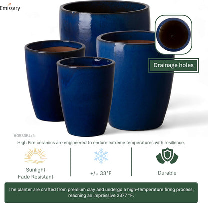 Emissary Bullet 14 in. Blue Ceramic Round Planter (14 in. L x 14 in. W x 15.5 in. H) with Drainage Hole