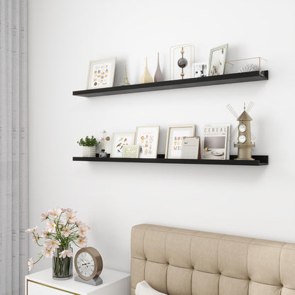 Picture Ledge Shelf, Wood Long Floating Shelves for Wall, Set of 2, 48 inch Picture Ledge Shelves, Photo Ledge Nursery Book Shelves Wall Mounted for Living Room Kids' Room Bedroom, Color Black