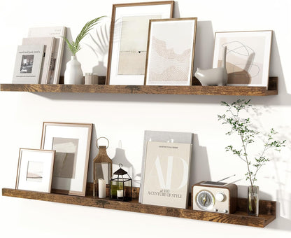 Fun Memories Picture Ledge Shelves Set of 2, 36 Inch Rustic Wall Mounted Floating Shelves with Lip for Home Storage and Décor in Bathroom, Kitchen, Nursery, Bedroom, Living Room, Brown