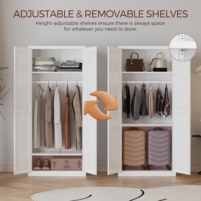 71" Metal Armoire Wardrobe Closet with 2 Doors, Tall Wardrobe Cabinet with Hanging Rod and Adjustable Shelves, White Clothing Storage Cabinets for Bedroom, Laundry Room, Home Office
