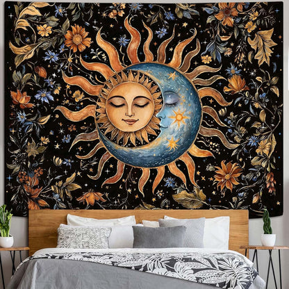Aipon Sun and Moon Tapestry for Bedroom Boho Vintage Floral Hippie Wall Tapestry Aesthetic Retro Flower Plant Small Tapestries Wall Hanging for Living Room Dorm Decor 60 x 44 Inch