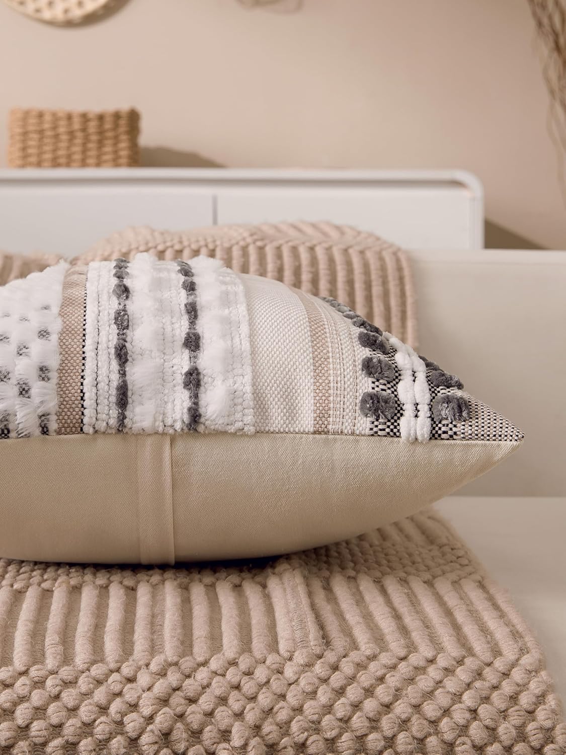 Boho Chenille Tufted Couch Throw Pillow Covers 18x18 Inch Set of 2 Farmhouse Striped Decorative Pillow Covers Accent Neutral Square Pillowcase Grey Cushion Covers for Livingroom Sofa Bed