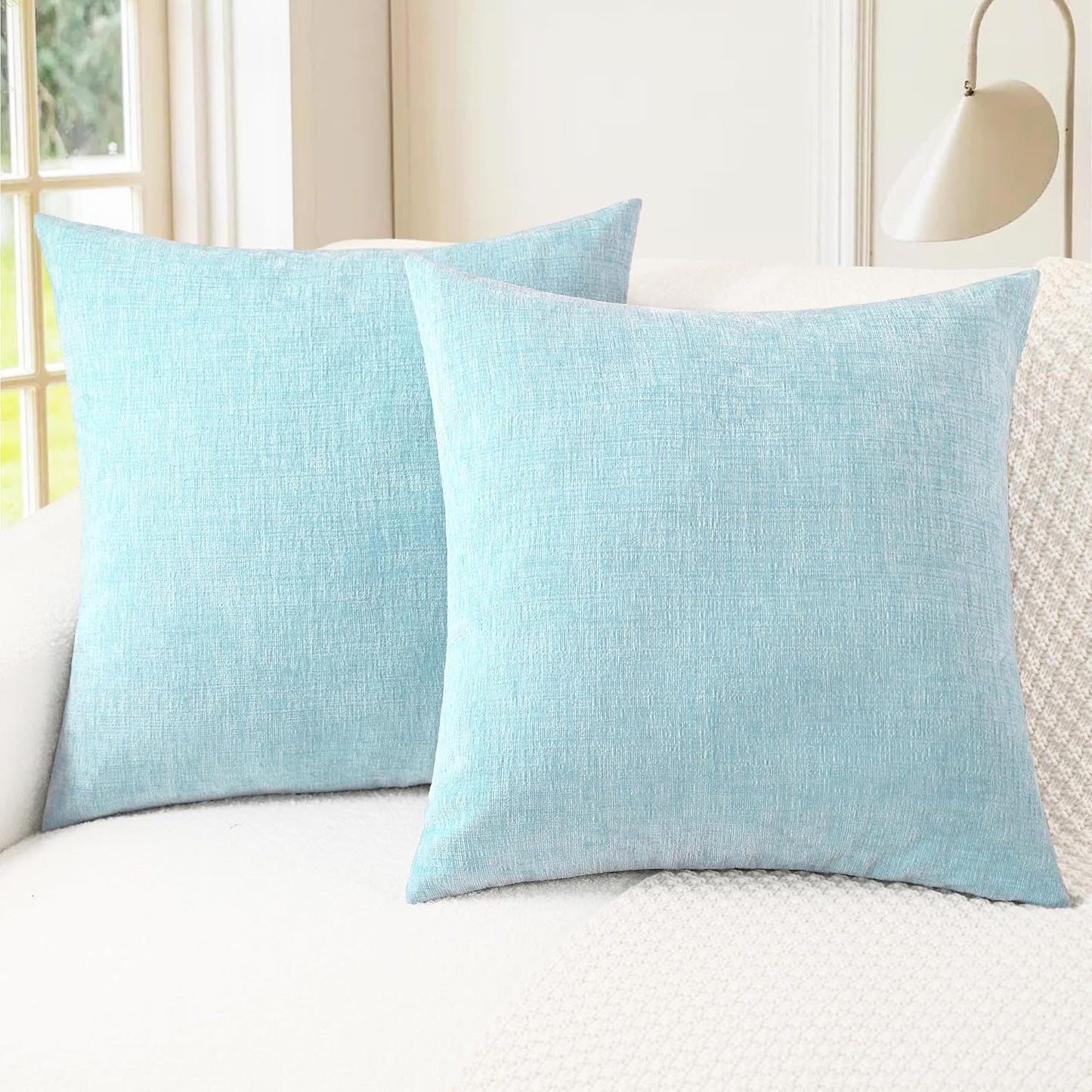 CaliTime Throw Pillow Covers Decorative 24 X 24 Inches Pack of 2 Cozy Chenille Cushion Cases for Couch Sofa Bed Living Room Home Light Blue Grey