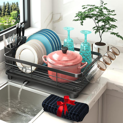 Godboat Dish Drying Rack, Dish Rack with Auto-Drain & Mat, Dish Drainers for Kitchen Counter, Glass Organizer for 4 Cups, 3 Slots Utensil Holder, Gifts for Women Mothers Day, Kitchen Gadgets & Decor
