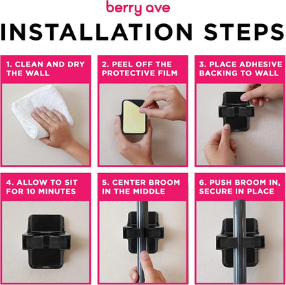 Combo 5 Slot Broom Holder w/ 1 Self Adhesive Mop Gripper No-Drilling, Wall Mount Tool Organizers For Kitchen, Garage, Laundry Room- Anti-Slip Hanger For Brooms, Mops, Rakes, Dustpans (Black / Black)