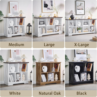 Farmhouse 6 Cube Bookshelf, White Storage Organizer Bookcase, Kids Toy Storage Cabinet, Long Bookshelves Storage Organizer Shelf, Wood Display Cabinet Book Shelves for Bedroom,Living Room,Office