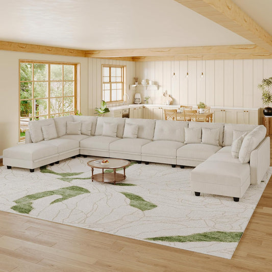 LLappuil Modular Sectional Sofa with Storage Seats, Corduroy Convertible Modular U Shaped Sectional Couch for Living Room, 10 Seat Oversized Sofa with 10 Back Cushion 10 Throw Pillow, Beige