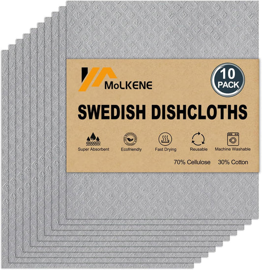 Swedish Dishcloths for Kitchen | 10 Pack Absorbent Cellulose Sponge Cloths Washable | Non-Scratch