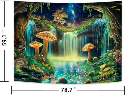 Ameyahud Blacklight Fantasy Forest Tapestry UV Reactive Waterfall Tapestries Starry Sky Tapestry Neon Nature Plant Wall Hanging Decor for Home